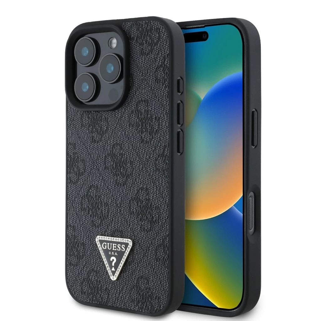 Guess PU 4G Strass Triangle Metal Logo tok iPhone 16 Pro készülékhez fekete