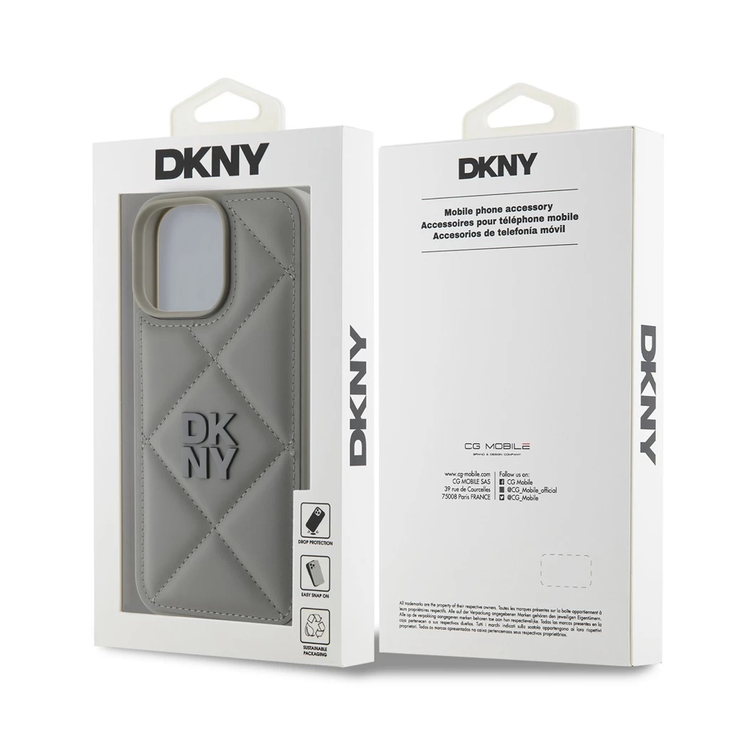 DKNY PU bőr Quilted Stack Logo tok iPhone 16 Pro készülékhez szürke