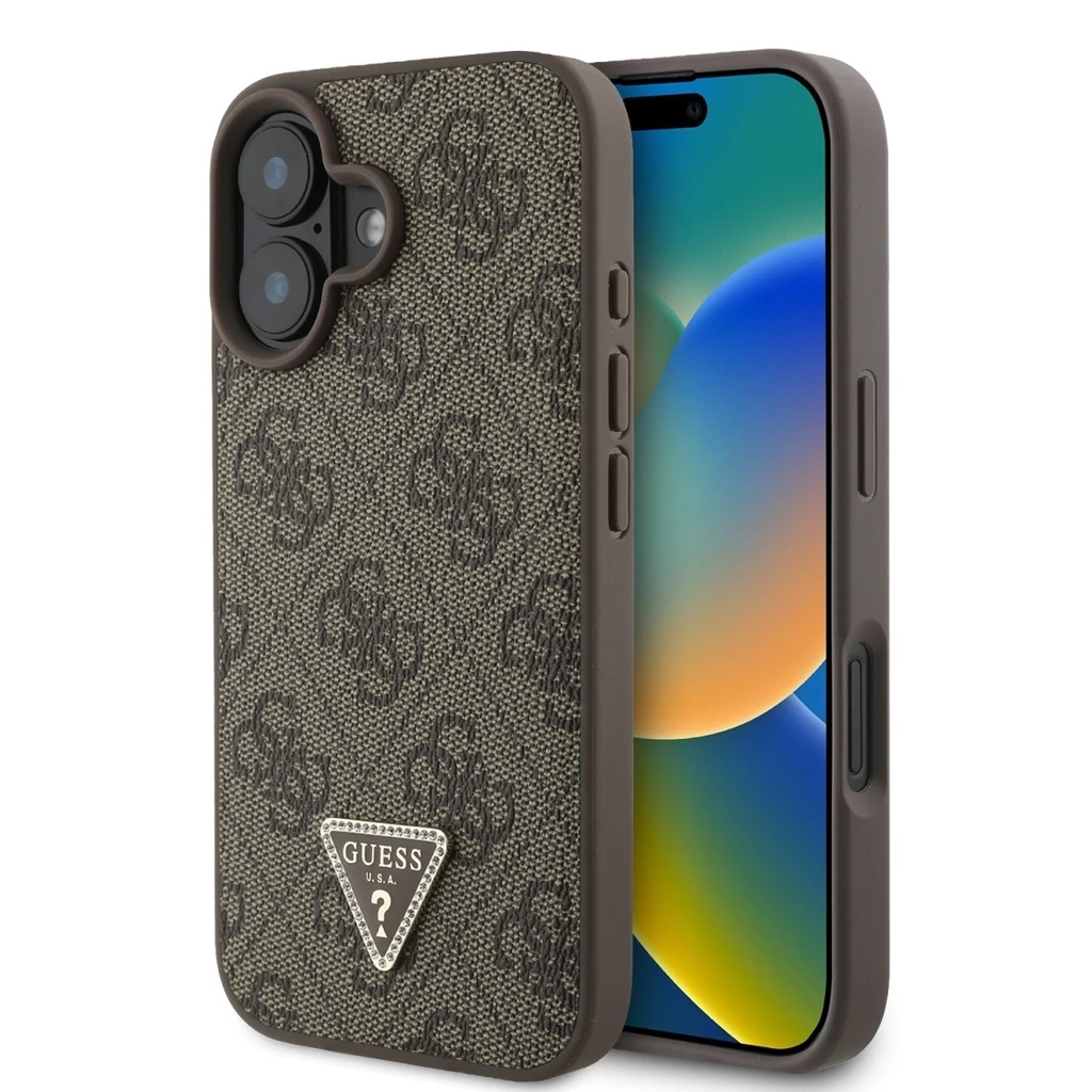 Guess PU 4G Strass Triangle Metal Logo tok iPhone 16 készülékhez barna