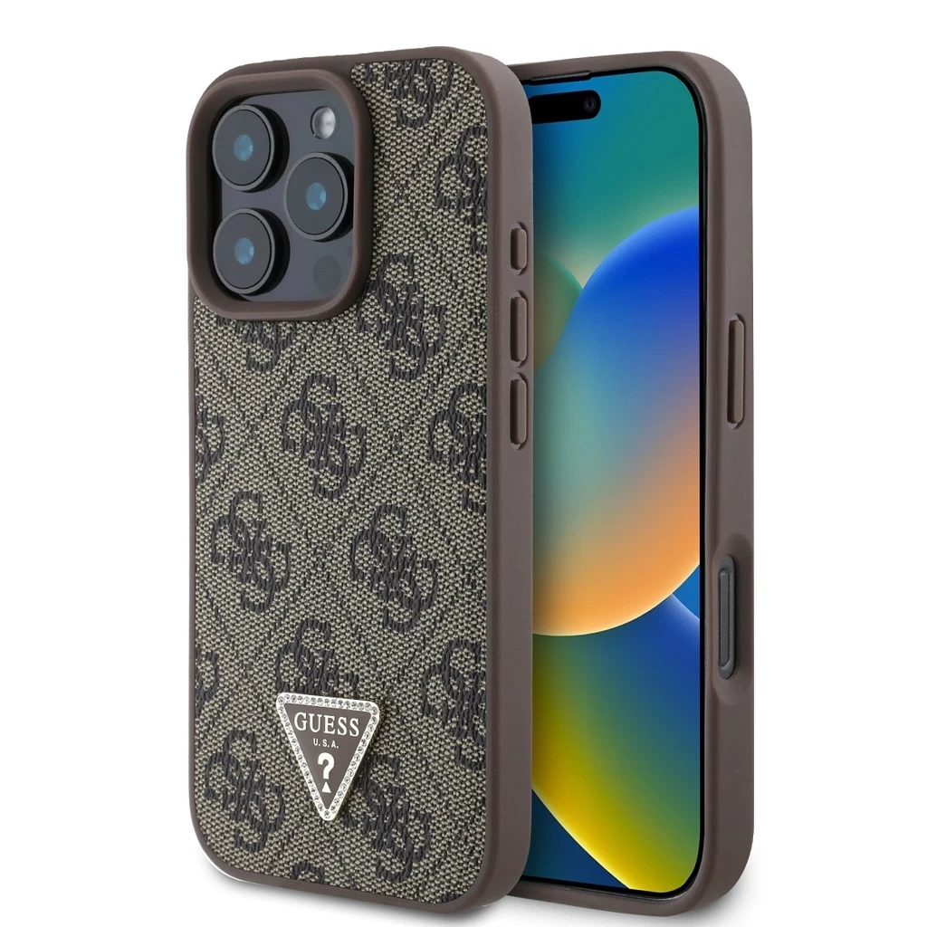 Guess PU 4G Strass Triangle Metal Logo tok iPhone 16 Pro Max készülékhez barna