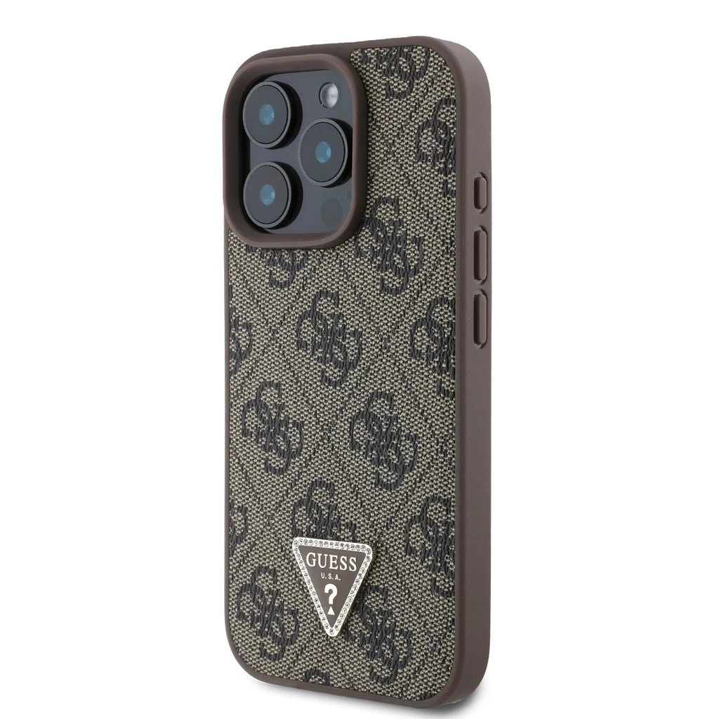 Guess PU 4G Strass Triangle Metal Logo tok iPhone 16 Pro Max készülékhez barna