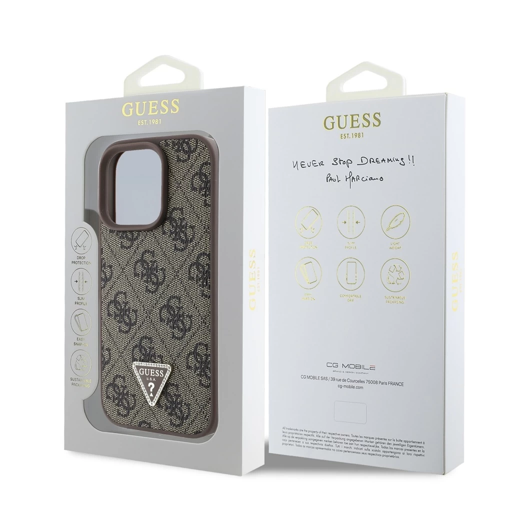 Guess PU 4G Strass Triangle Metal Logo tok iPhone 16 Pro Max készülékhez barna