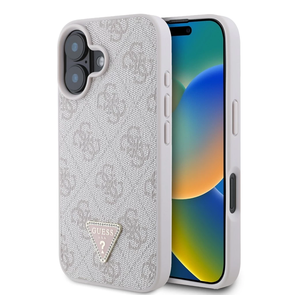 Guess PU 4G Strass Triangle Metal Logo tok iPhone 16 készülékhez rózsaszín