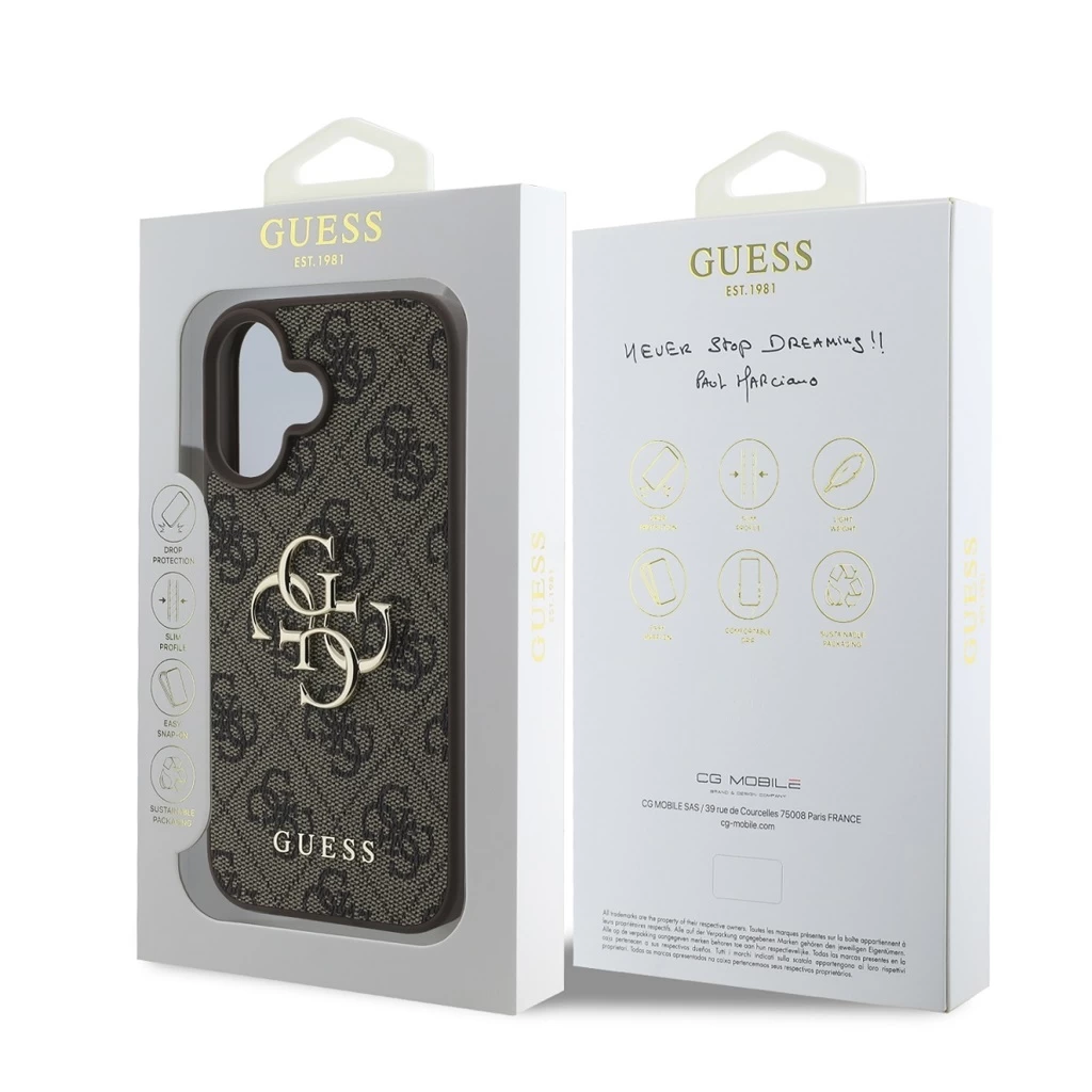 Guess PU 4G Metal Logo tok iPhone 16 Plus készülékhez barna
