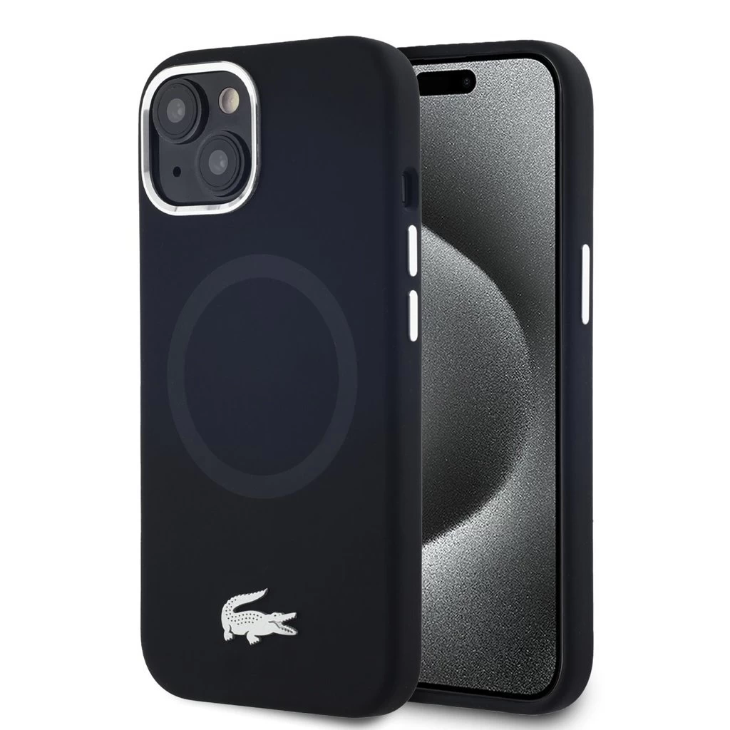 Lacoste Liquid Silicone Microfiber Silver Croc Logo MagSafe tok iPhone 15 készülékhez fekete