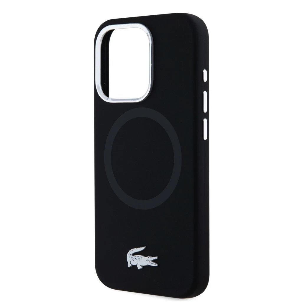 Lacoste Liquid Silicone Microfiber Silver Croc Logo MagSafe tok iPhone 15 Pro készülékhez fekete
