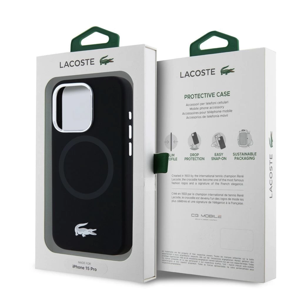 Lacoste Liquid Silicone Microfiber Silver Croc Logo MagSafe tok iPhone 15 Pro készülékhez fekete