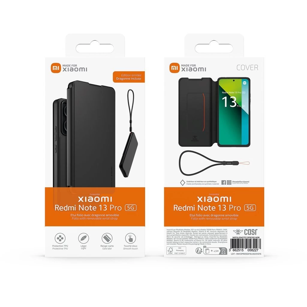 Xiaomi Redmi Note 13 Pro 5G készülékhez Made for Xiaomi Book Case nyaklánccal, fekete