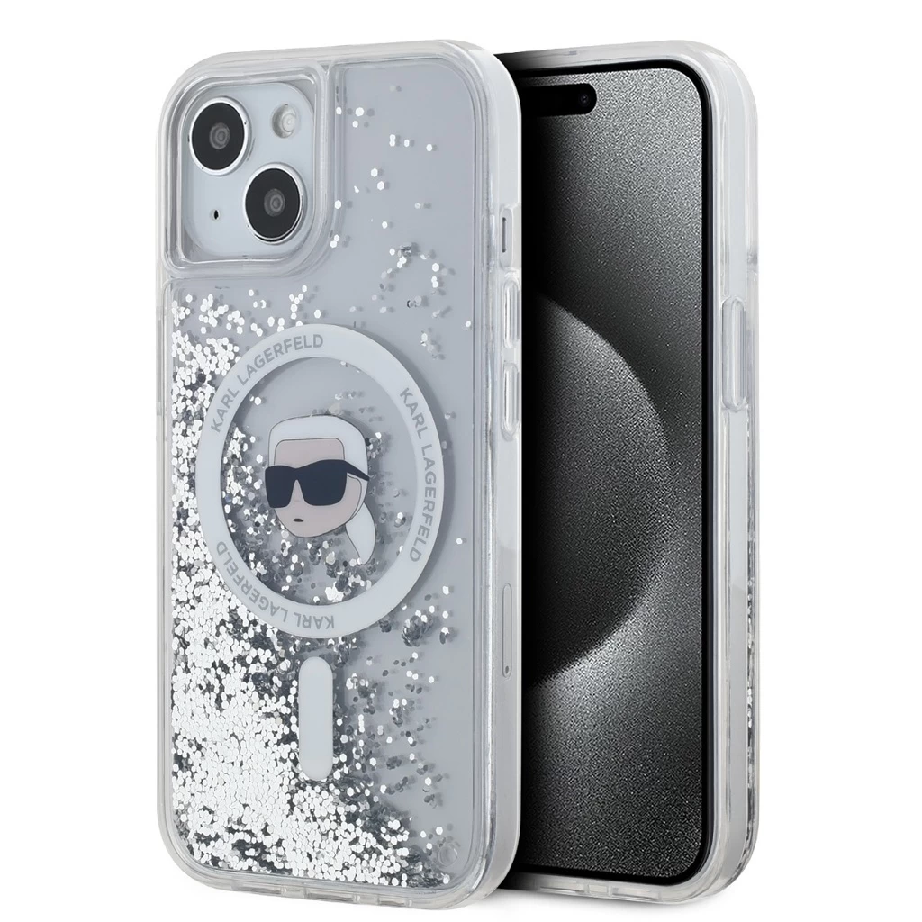 Karl Lagerfeld Liquid Glitter Karl Head MagSafe tok iPhone 15 készülékhez, átlátszó