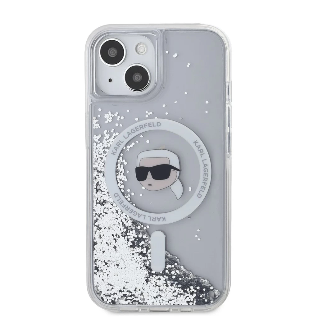 Karl Lagerfeld Liquid Glitter Karl Head MagSafe tok iPhone 15 készülékhez, átlátszó
