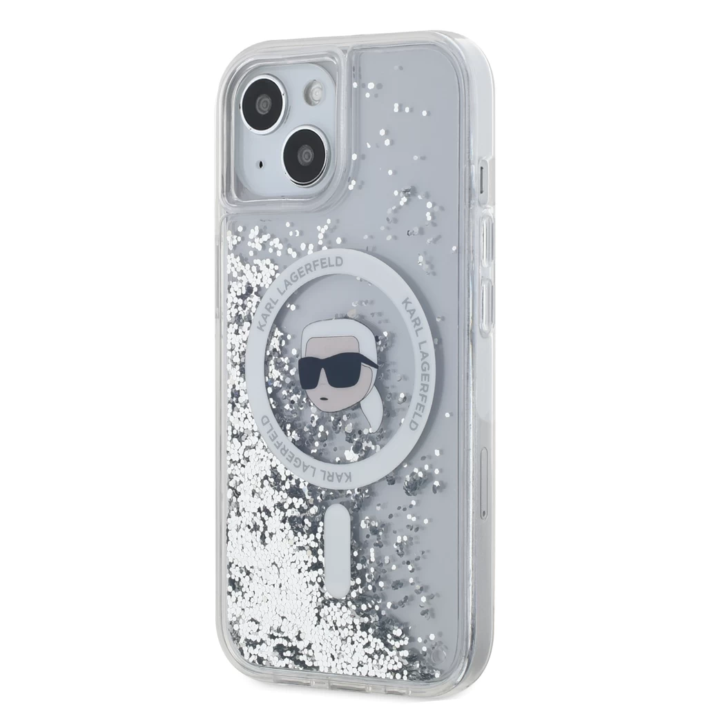 Karl Lagerfeld Liquid Glitter Karl Head MagSafe tok iPhone 15 készülékhez, átlátszó