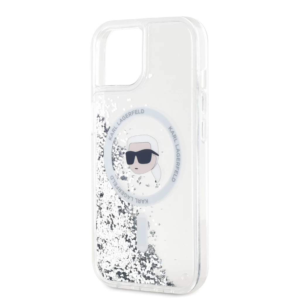 Karl Lagerfeld Liquid Glitter Karl Head MagSafe tok iPhone 15 készülékhez, átlátszó