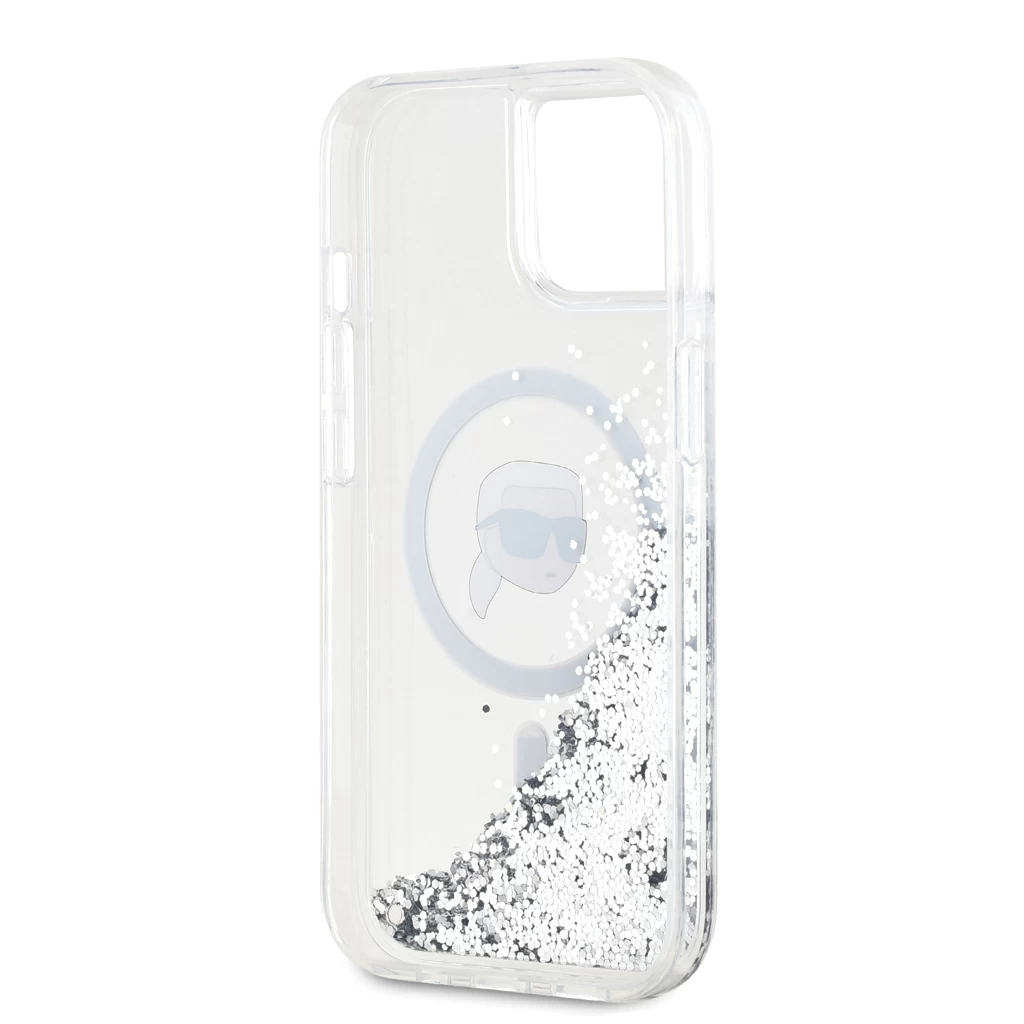 Karl Lagerfeld Liquid Glitter Karl Head MagSafe tok iPhone 15 készülékhez, átlátszó