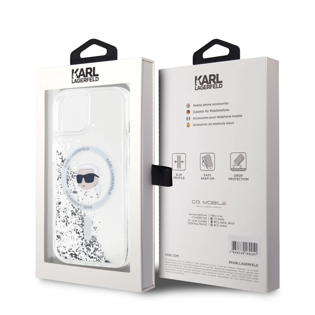 Karl Lagerfeld Liquid Glitter Karl Head MagSafe tok iPhone 15 készülékhez, átlátszó