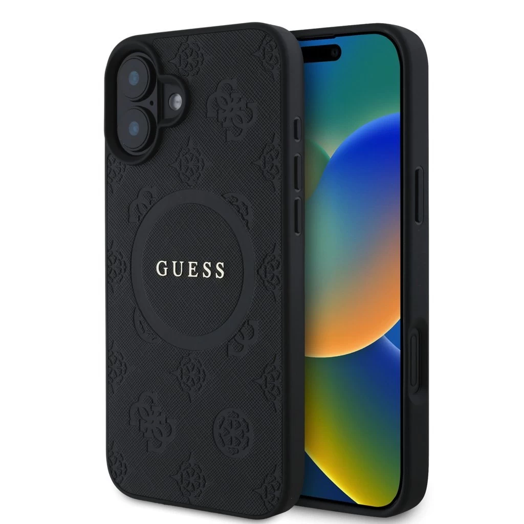 Guess Saffiano Peony Stamp MagSafe tok iPhone 16 készülékhez fekete