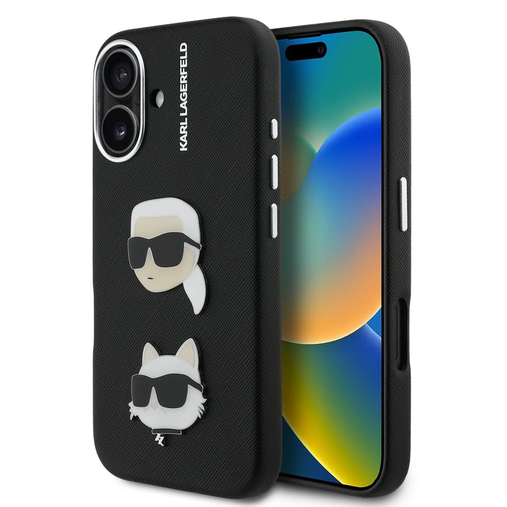 Karl Lagerfeld Grained PU K&CH Heads tok iPhone 16 készülékhez fekete