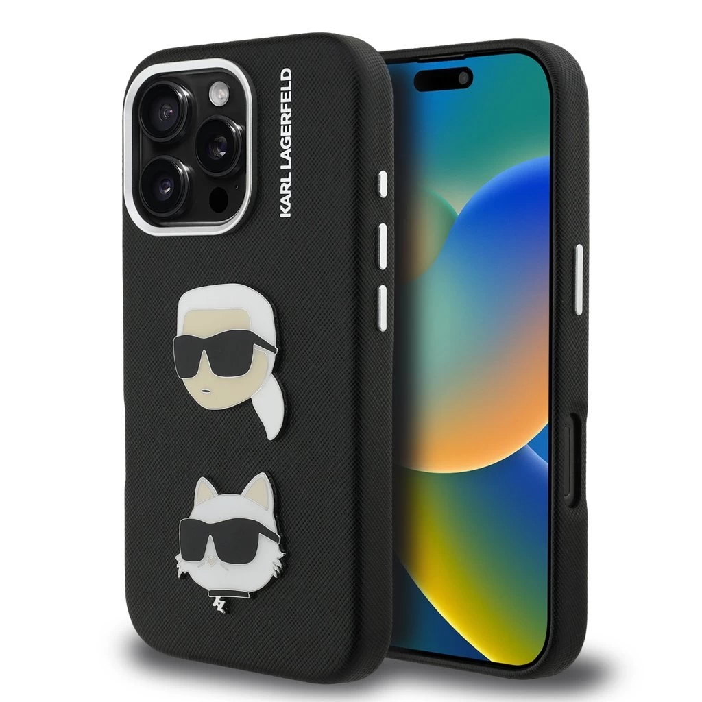 Karl Lagerfeld Grained PU K&CH Heads tok iPhone 16 Pro készülékhez fekete