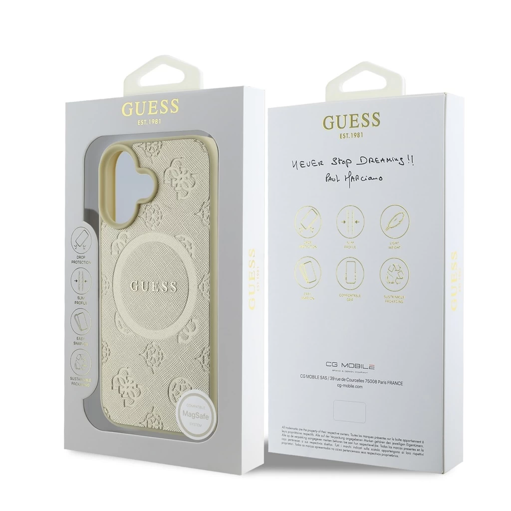 Guess Saffiano Peony Stamp MagSafe tok iPhone 16 készülékhez arany