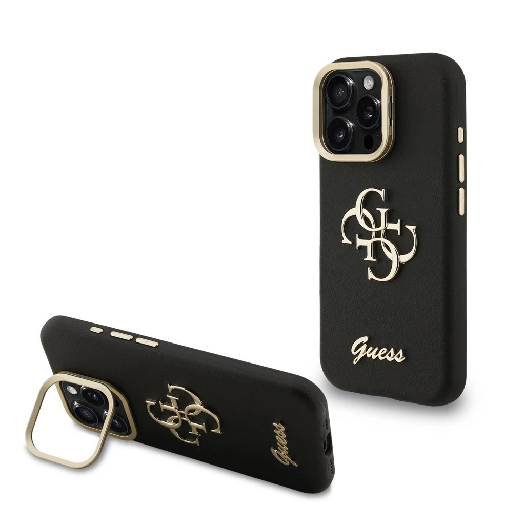 Guess PU Grained 4G Logo Stand Camera Frame tok iPhone 15 Pro Max készülékhez fekete