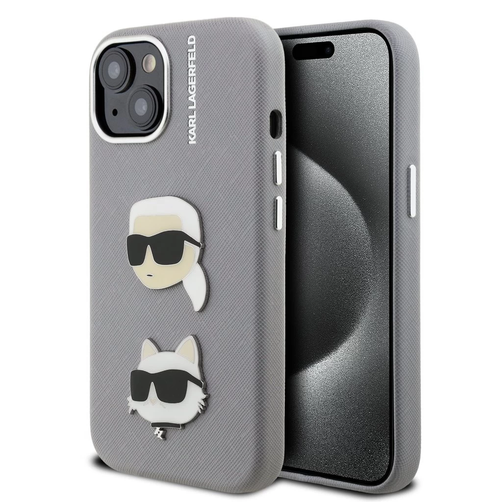 Karl Lagerfeld Grained PU K&CH Heads tok iPhone 15 készülékhez szürke