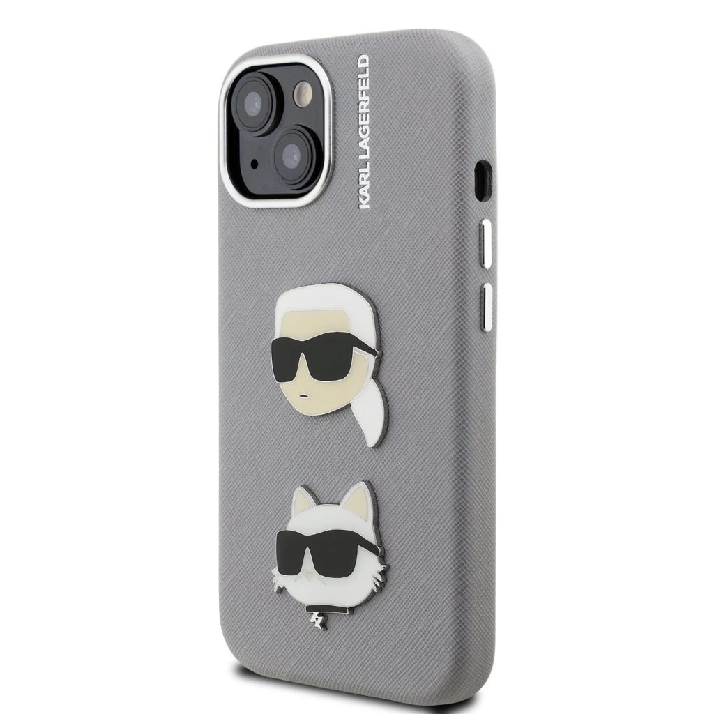 Karl Lagerfeld Grained PU K&CH Heads tok iPhone 15 készülékhez szürke