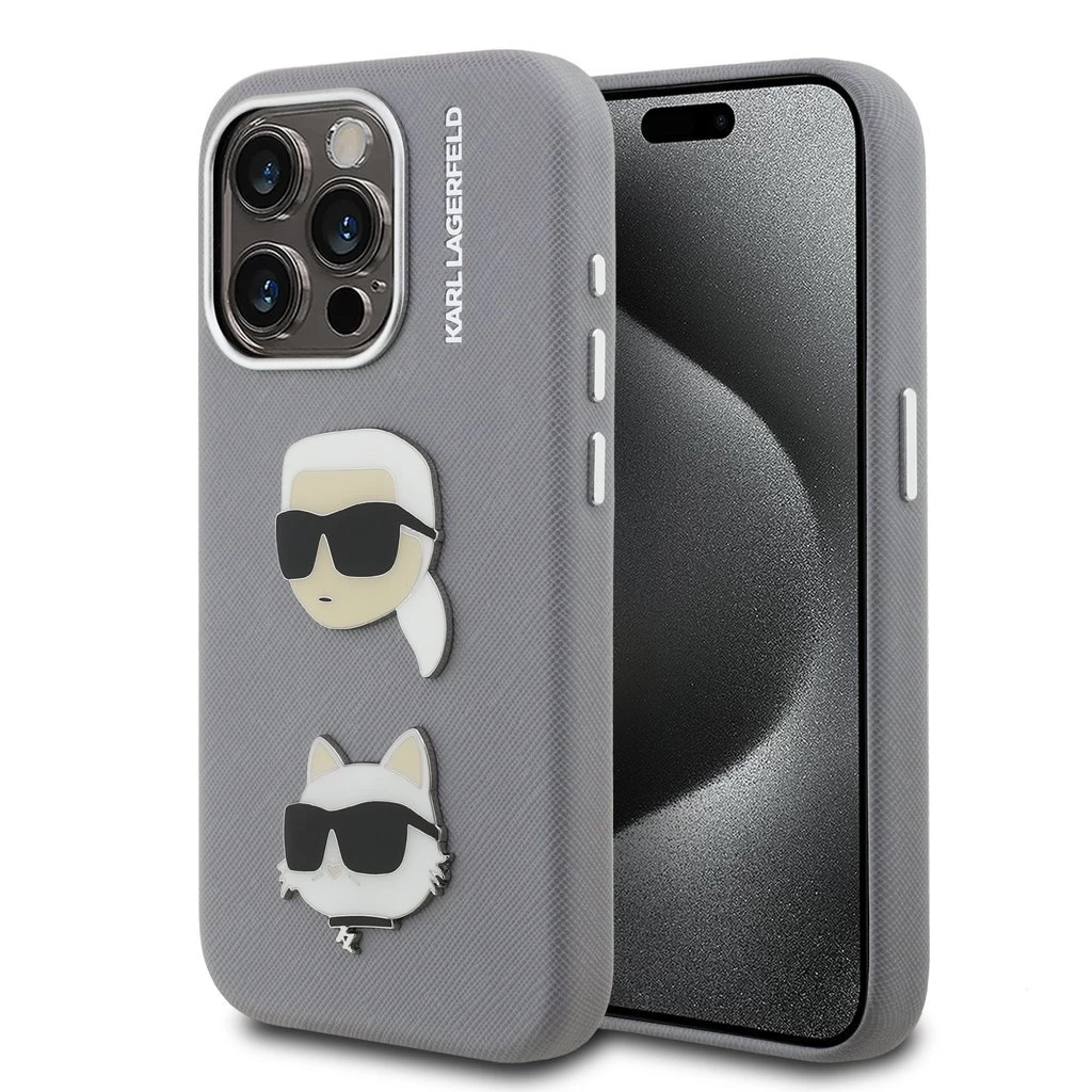 Karl Lagerfeld Grained PU K&CH Heads tok iPhone 15 Pro készülékhez szürke