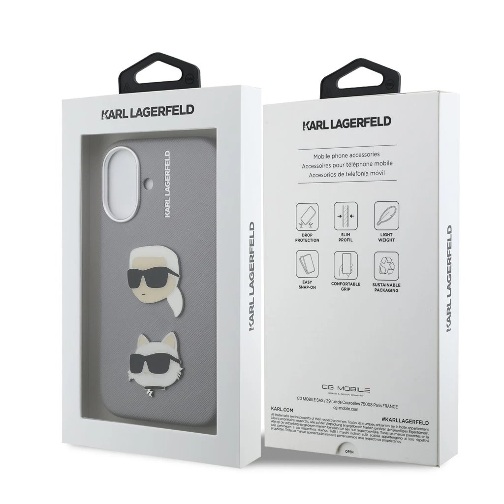 Karl Lagerfeld Grained PU K&CH Heads tok iPhone 16 készülékhez szürke