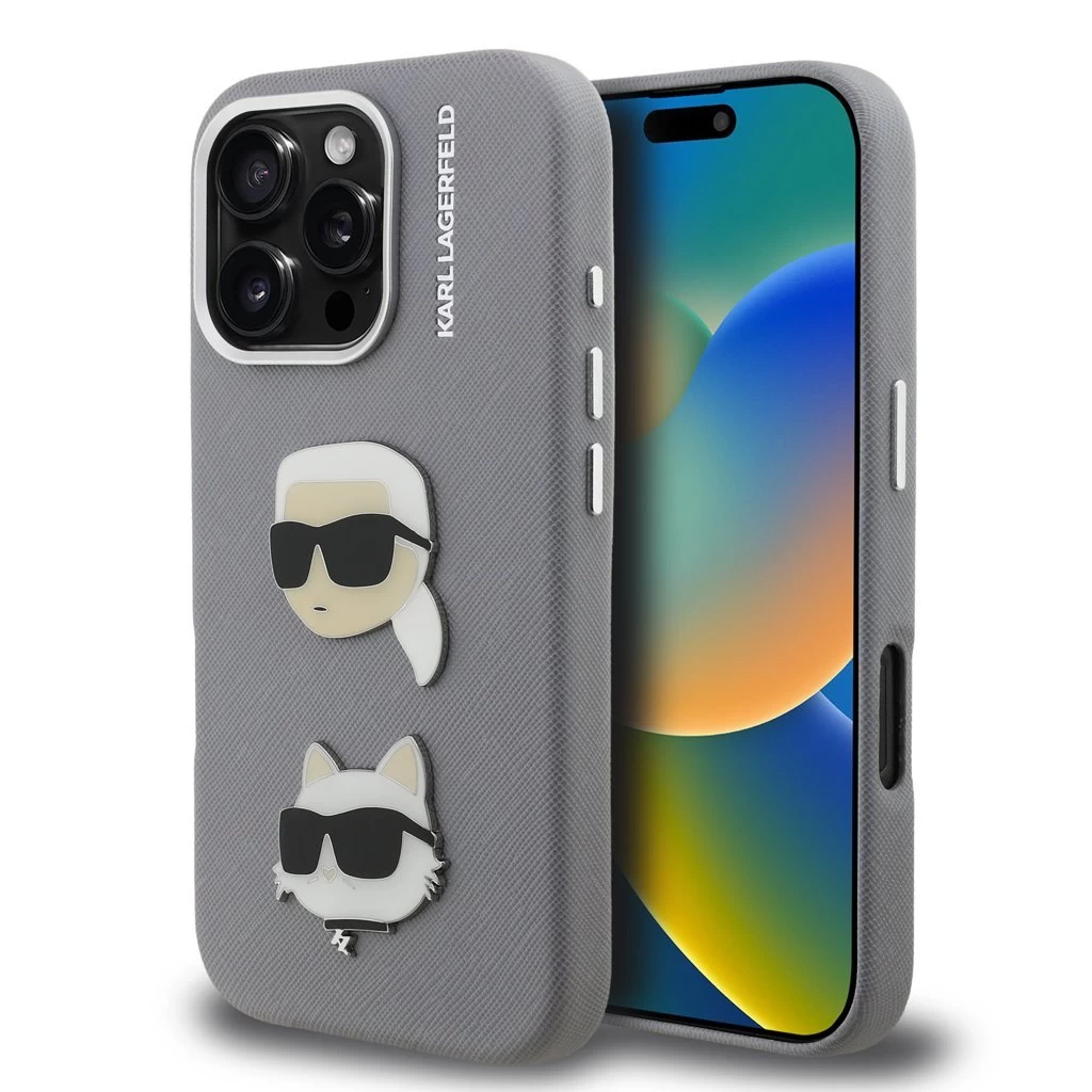 Karl Lagerfeld Grained PU K&CH Heads tok iPhone 16 Pro készülékhez szürke