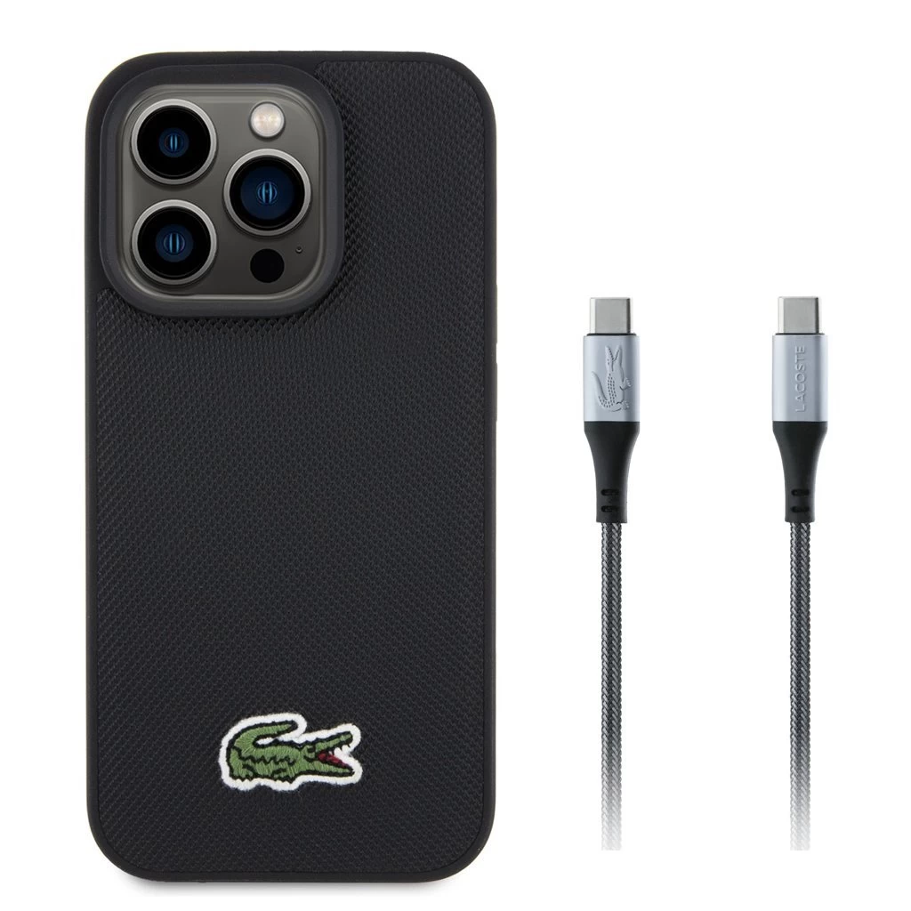 Lacoste Iconic Petit Pique Woven Logo MagSafe tok iPhone 15 Pro készülékhez fekete + USB-C/USB-C adatkábel