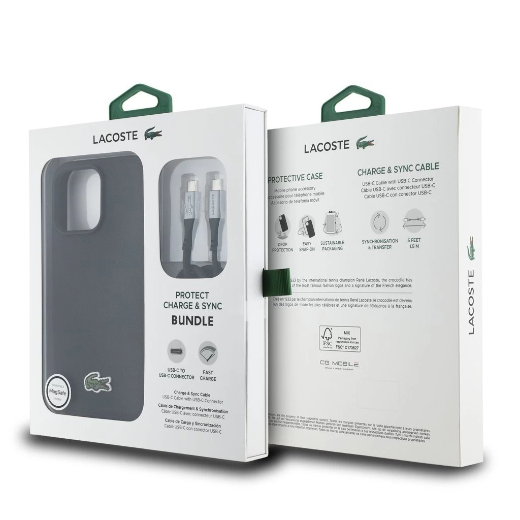 Lacoste Iconic Petit Pique Woven Logo MagSafe tok iPhone 15 Pro készülékhez fekete + USB-C/USB-C adatkábel
