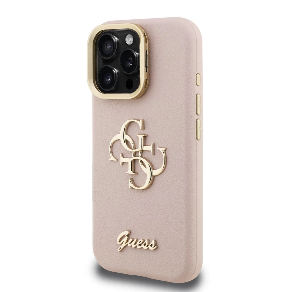 Guess PU Grained 4G Logo Stand Camera Frame tok iPhone 15 Pro Max készülékhez rózsaszín
