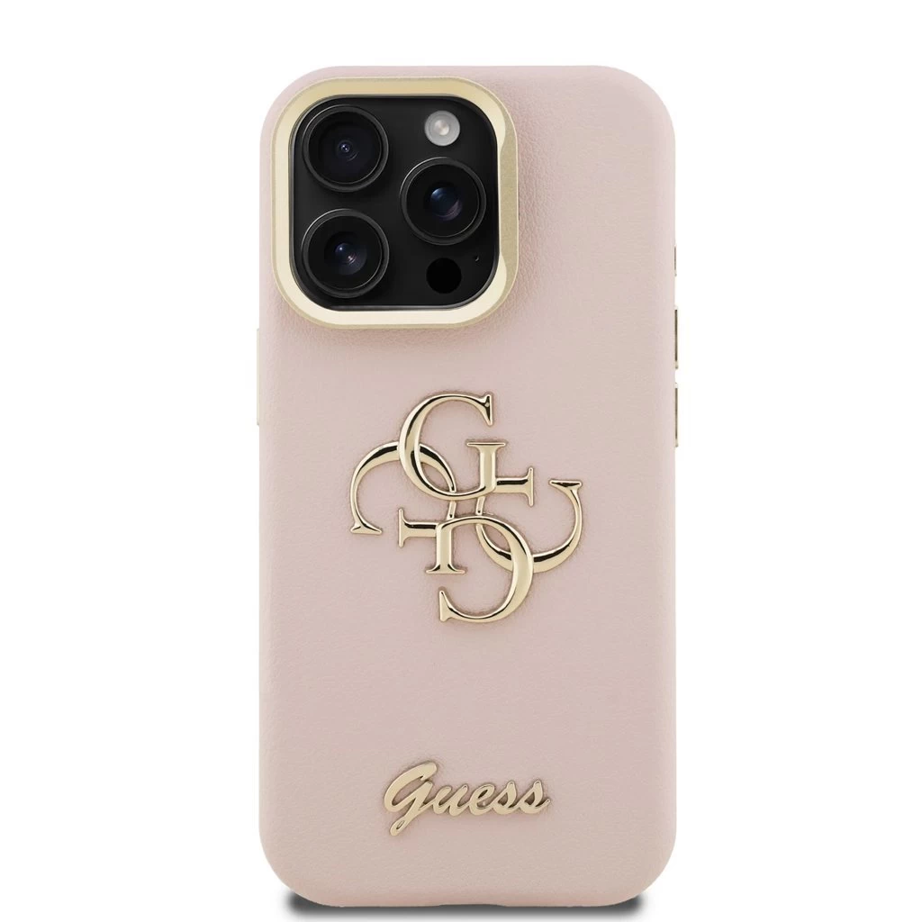 Guess PU Grained 4G Logo Stand Camera Frame tok iPhone 15 Pro Max készülékhez rózsaszín
