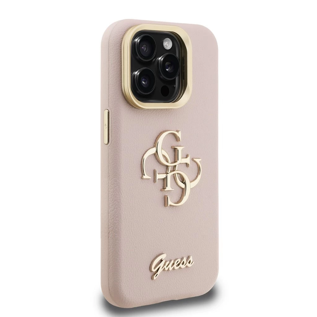 Guess PU Grained 4G Logo Stand Camera Frame tok iPhone 15 Pro Max készülékhez rózsaszín