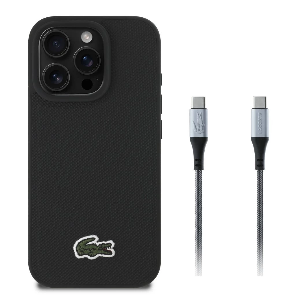 Lacoste Iconic Petit Pique Woven Logo MagSafe tok iPhone 16 Pro készülékhez fekete + USB-C/USB-C adatkábel