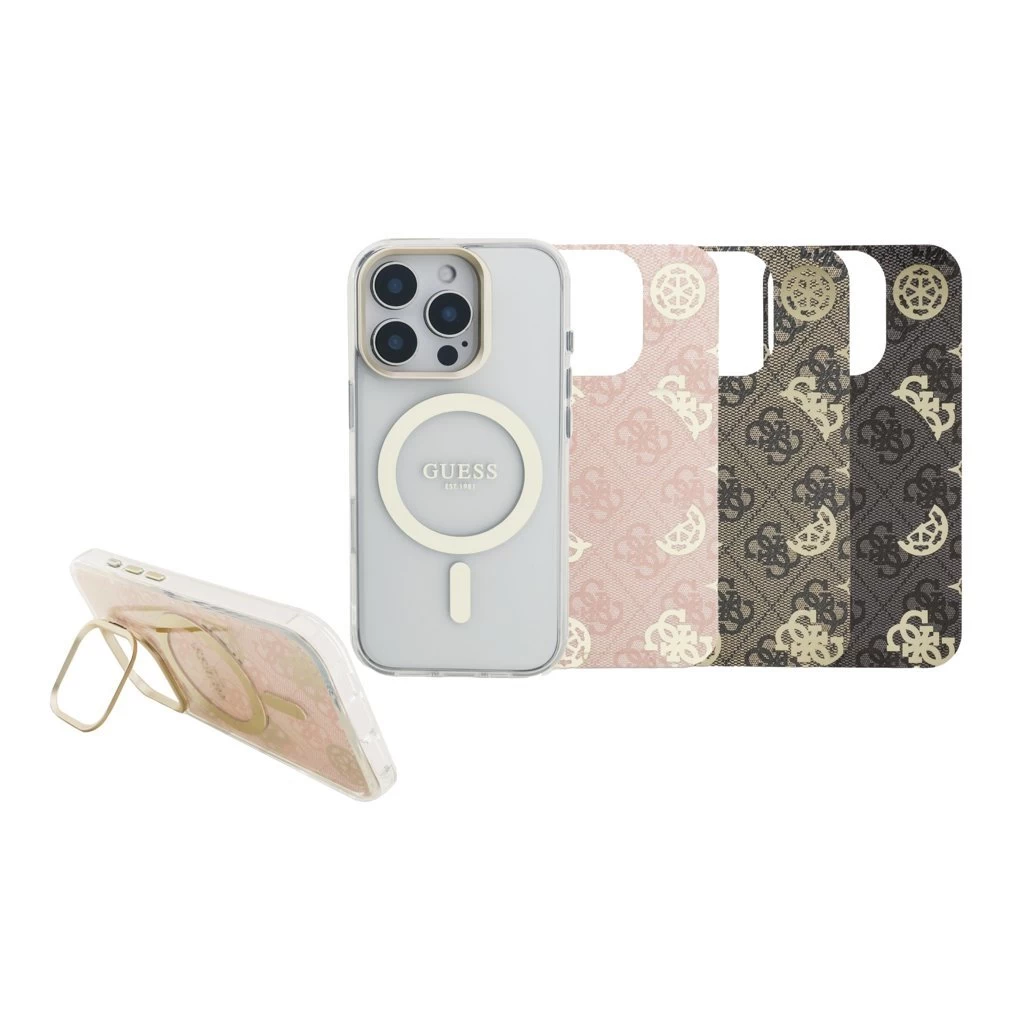 Guess PC/TPU elektrolemezelt állványos kamerakeretes MagSafe tok cserélhető háttérrel iPhone 16 Pro készülékhez