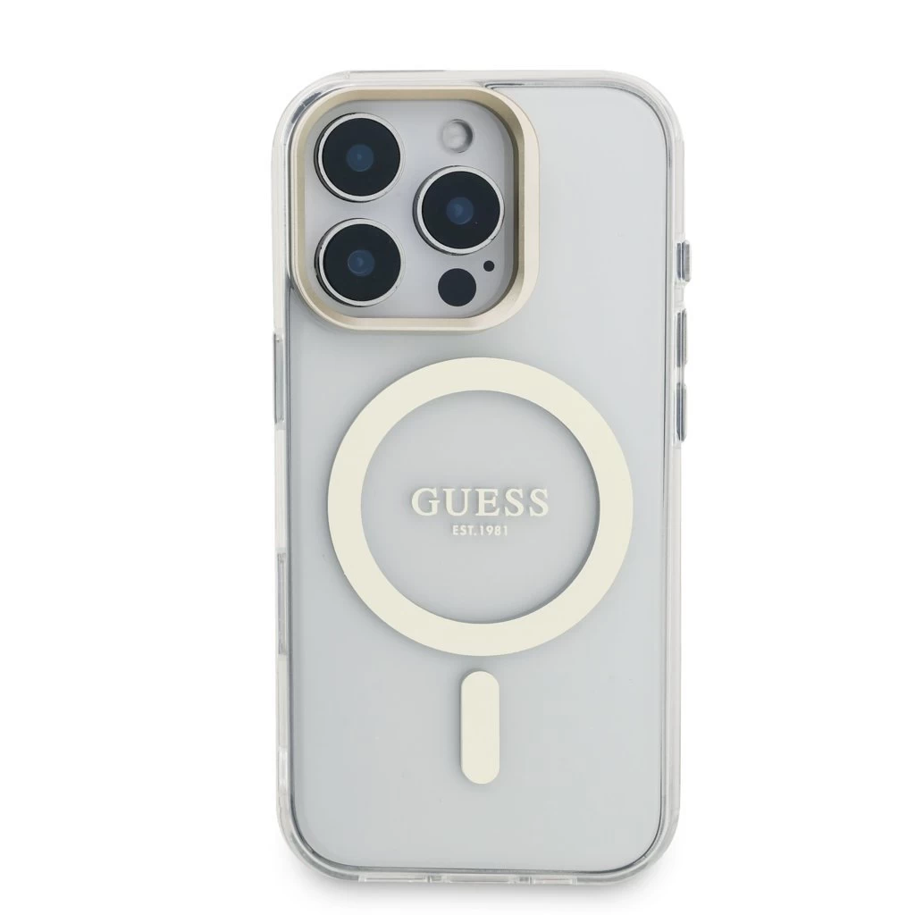 Guess PC/TPU elektrolemezelt állványos kamerakeretes MagSafe tok cserélhető háttérrel iPhone 16 Pro készülékhez