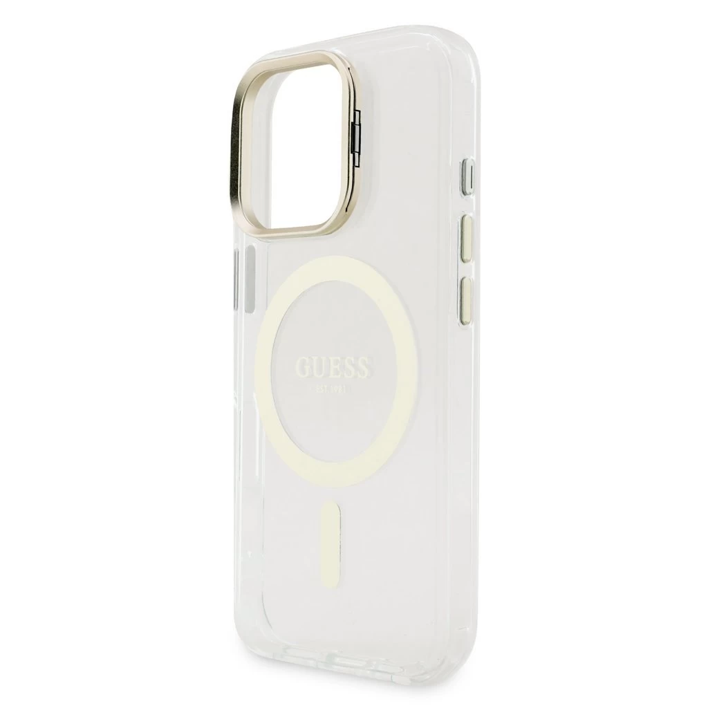 Guess PC/TPU elektrolemezelt állványos kamerakeretes MagSafe tok cserélhető háttérrel iPhone 16 Pro készülékhez