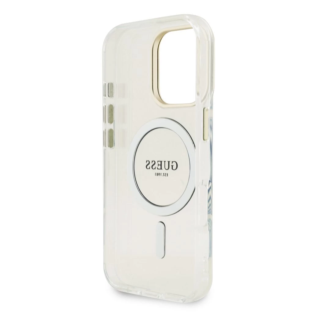 Guess PC/TPU elektrolemezelt állványos kamerakeretes MagSafe tok cserélhető háttérrel iPhone 16 Pro készülékhez