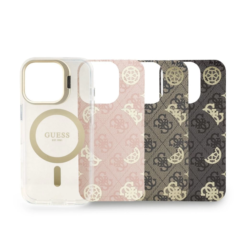 Guess PC/TPU elektrolemezelt állványos kamerakeretes MagSafe tok cserélhető háttérrel iPhone 16 Pro készülékhez