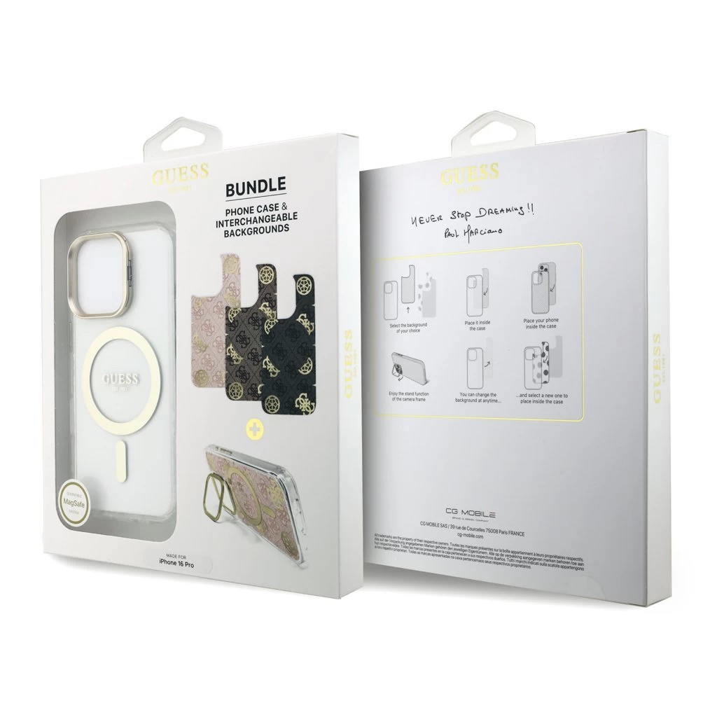 Guess PC/TPU elektrolemezelt állványos kamerakeretes MagSafe tok cserélhető háttérrel iPhone 16 Pro készülékhez