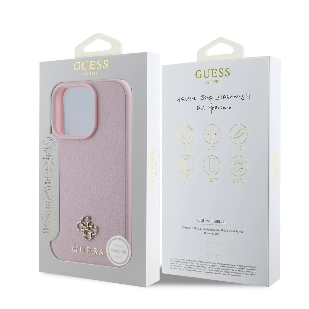 Guess PU Grained 4G Small Metal Logo MagSafe tok iPhone 16 Pro készülékhez rózsaszín