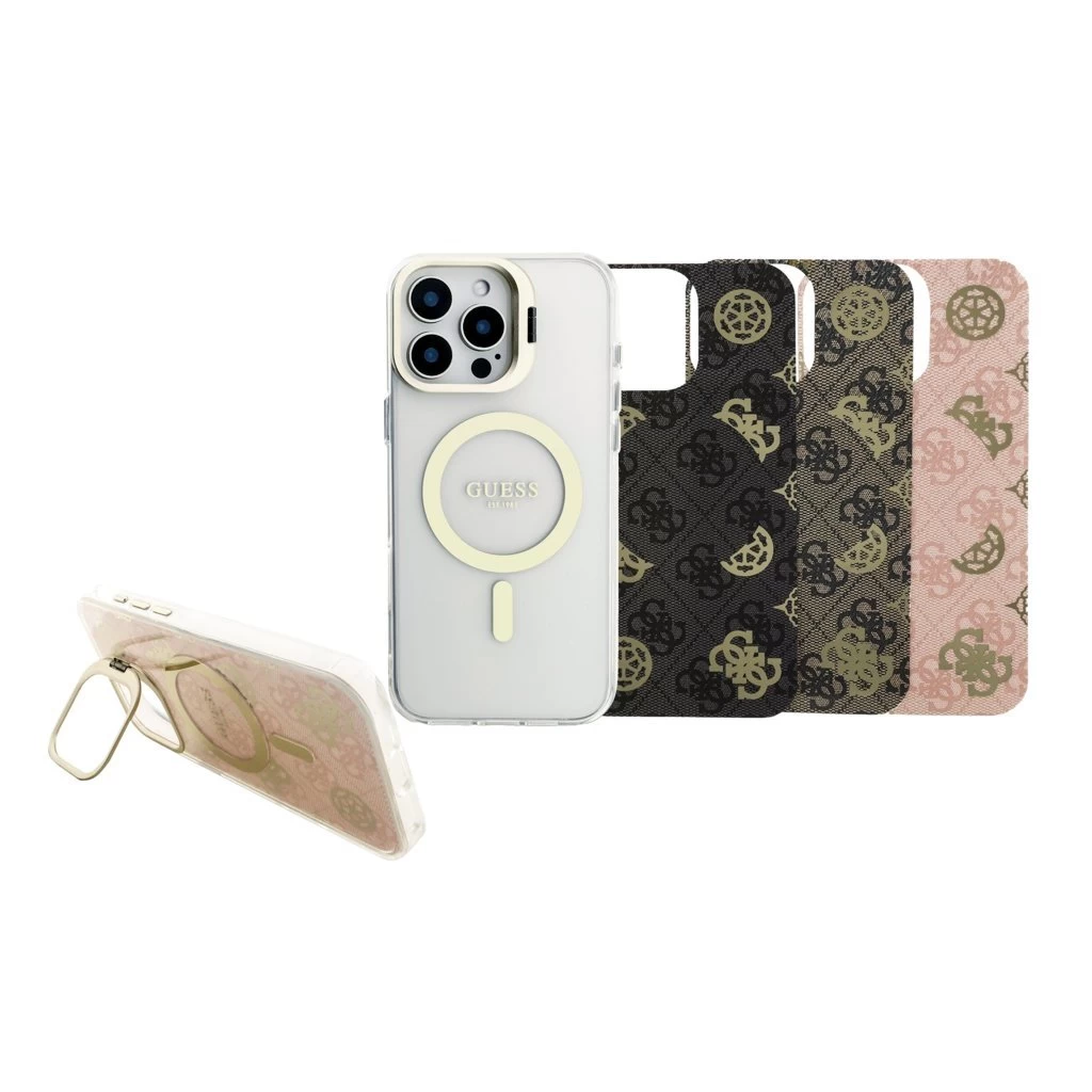 Guess PC/TPU elektroplátázott, állvánnyal ellátott, kamerakeretes MagSafe tok cserélhető háttérrel iPhone 16 Pro Max készülékhez
