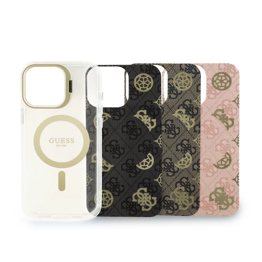 Guess PC/TPU elektroplátázott, állvánnyal ellátott, kamerakeretes MagSafe tok cserélhető háttérrel iPhone 16 Pro Max készülékhez