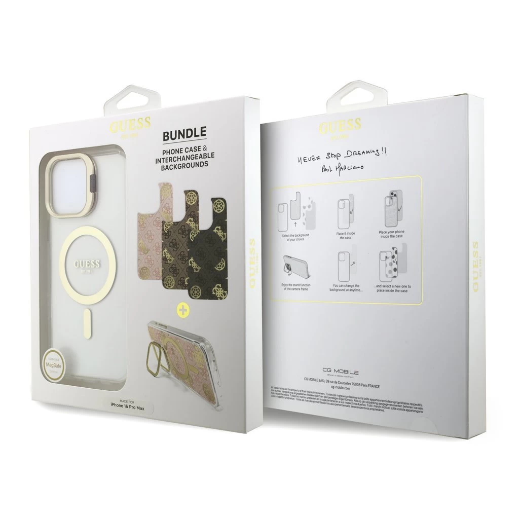 Guess PC/TPU elektroplátázott, állvánnyal ellátott, kamerakeretes MagSafe tok cserélhető háttérrel iPhone 16 Pro Max készülékhez