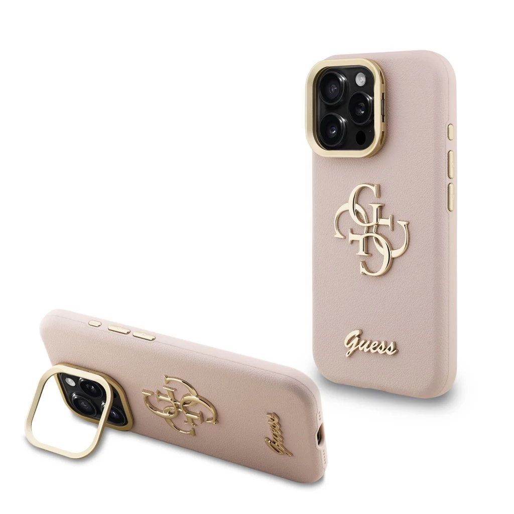 Guess PU Grained 4G Logo Stand Camera Frame tok iPhone 15 Pro készülékhez rózsaszín