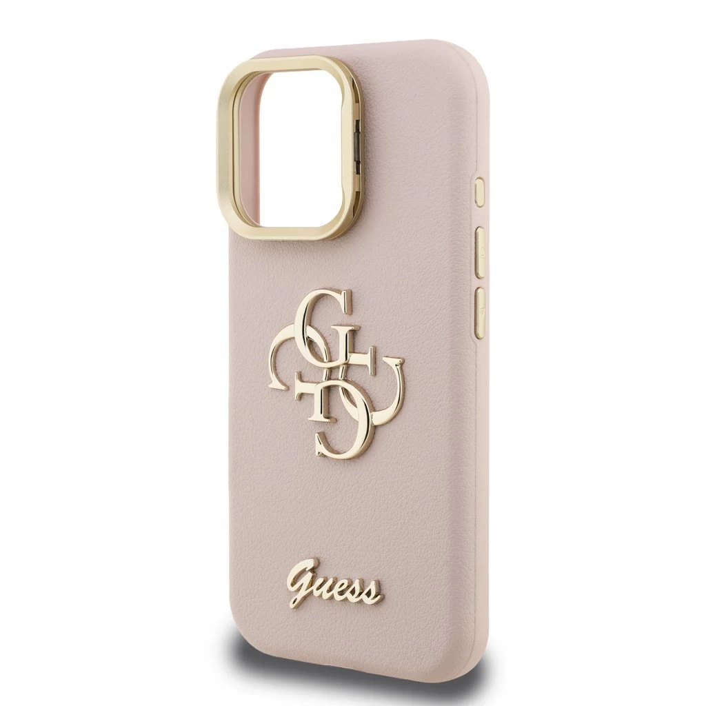 Guess PU Grained 4G Logo Stand Camera Frame tok iPhone 15 Pro készülékhez rózsaszín