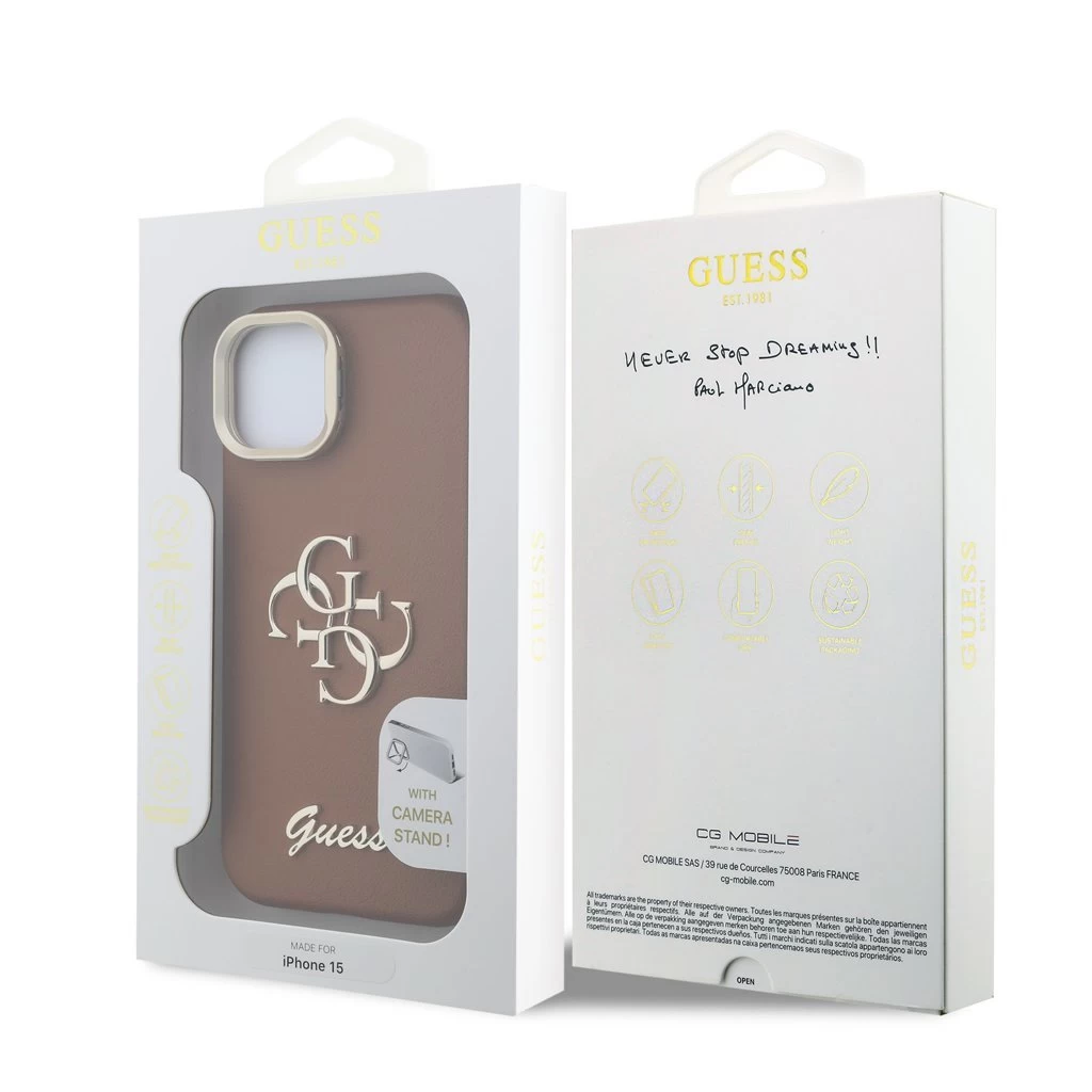 Guess PU Grained 4G Logo Stand Camera Frame tok iPhone 13 készülékhez barna