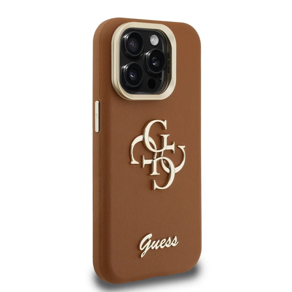 Guess PU Grained 4G Logo Stand Camera Frame tok az iPhone 15 Pro Max készülékhez barna