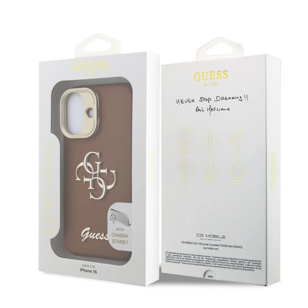 Guess PU Grained 4G Logo Stand Camera Frame tok iPhone 16 készülékhez barna