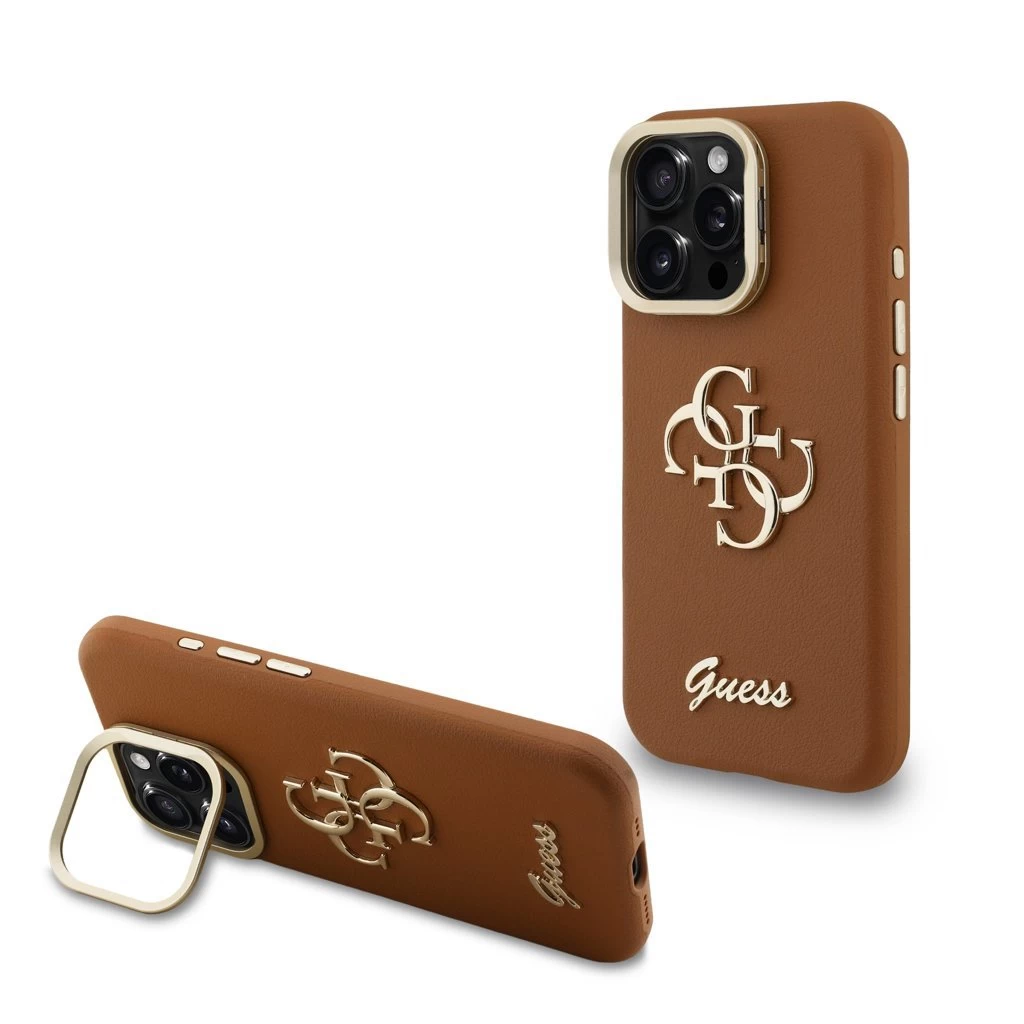 Guess PU Grained 4G Logo Stand Camera Frame tok iPhone 16 Pro készülékhez barna